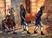 29 - Lo stesso giorno in cui rientrano in Verona, i soldati napoleonici per prima cosa saccheggiano il Monte di Pietà, dove sono impegnati gli ori dei poveri. Tempera su tavola di Quirino Maestrello.