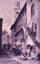 Viva San Marco! Tavola di Giorgio Sartor. 19 - Le Pasque Veronesi. Via Mazzanti fu teatro dei primi scontri. Sullo sfondo la Torre dei Lamberti.