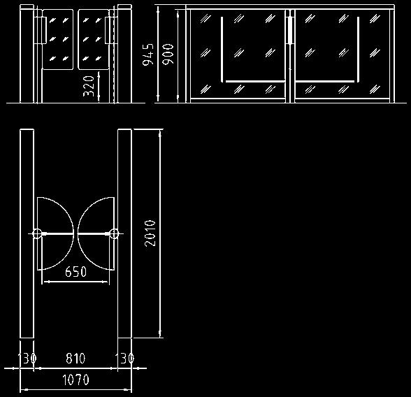 Elementi di blocco Due portelli in policarbonato trasparente, bordo superiore 1.600 mm. Controllo dell'area di oscillazione tramite sistema di sensori di separazione.