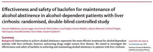 Findings Of 42 patients allocated baclofen, 30 (71%) achieved and maintained abstinence compared with 12 (29%) of 42 assigned placebo (odds ratio 6 3 [95% CI 2 4 16 1]; p=0 0001).