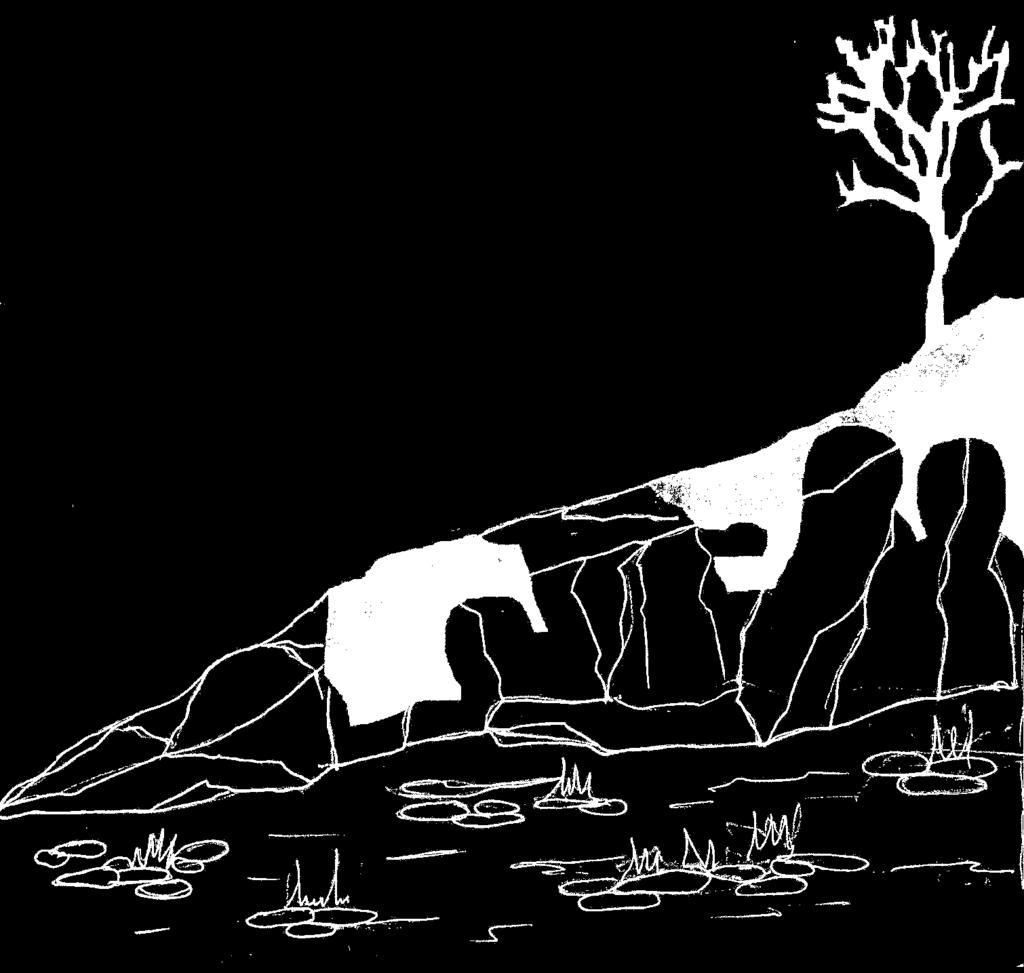 QUARTO PIANO PROSPETTICO: La Grande roccia scoscesa sulla cima della quale è un albero apparentemente secco e spoglio, ma con dei