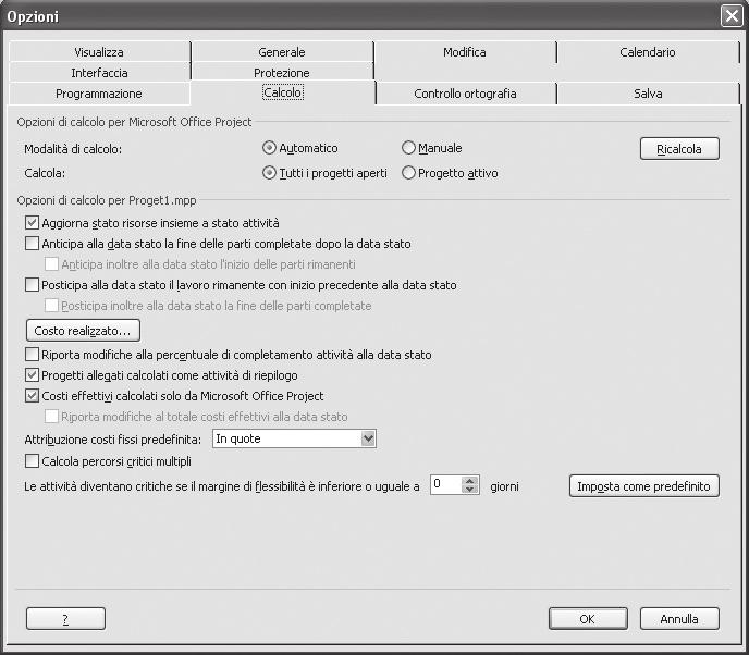 Per disabilitare tale funzione: 1. da menu Strumenti scegliere Opzioni e attivare scheda Calcolo; 2. deselezionare la casella di controllo Costi effettivi calcolati solo da Microsoft Office Project.