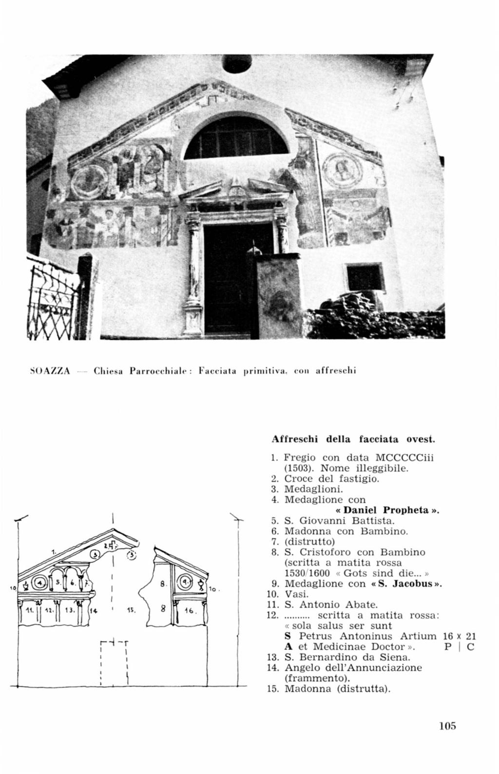 >s^». > *$] w:n '?s-. M '- %l B. - r -i J % ^> " F - * SOAZZA Chiesa Parrocchiale: Facciata primitiva. con affreschi Affreschi della facciata ovest. V v.. Fregio con data MCCCCCiii (503).