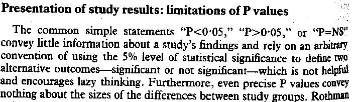 stimare (anziché testare) un ipotesi limiti dell utilizzo della P Le comuni affermazioni P<0,05, P>0,05 o P = NS forniscono poche informazioni sui risultati di uno studio Inoltre, anche valori di p