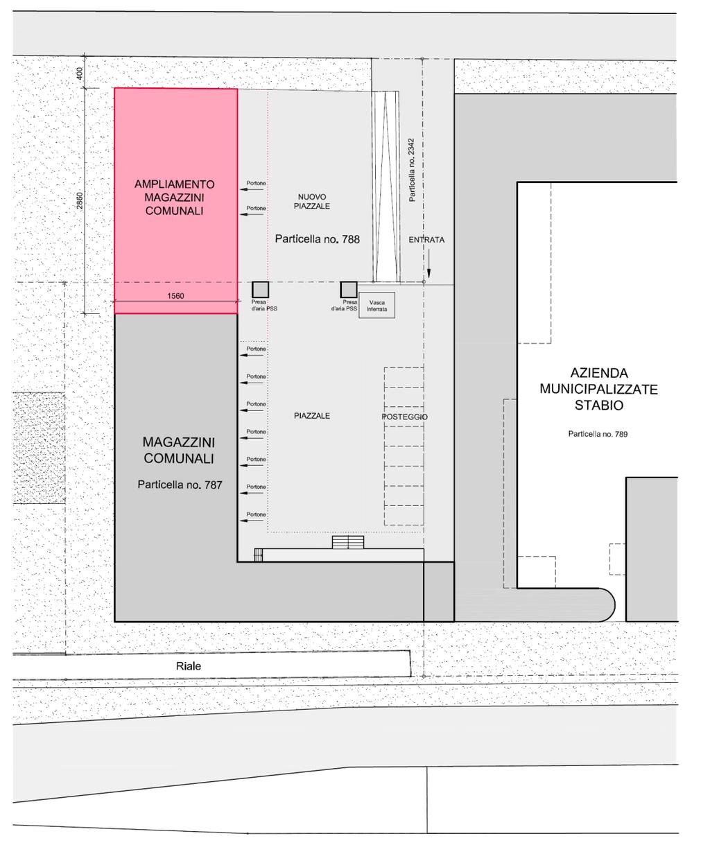 2. Planimetria ampliamento magazzini comunali Inizialmente prevedevamo l ampliamento dei magazzini comunali oggi esistenti.