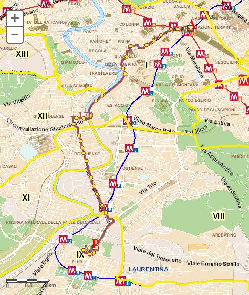 Figura 2: Percorso di ritorno: Agricoltura - Staz. Termini Questa linea è servita da autobus standard di 12 m, con capacità di 120 posti (20 a sedere) e funziona tutti i giorni dalle 05:30 alle 24:00.