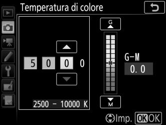 Scelta di una temperatura di colore Seguire gli step riportati di seguito per scegliere una temperatura di colore quando K (Temperatura di colore) è selezionato per il bilanciamento del bianco.