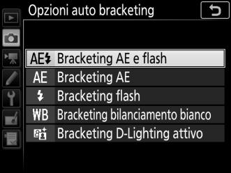 Bracketing (solo modi P, S, A e M) Il bracketing varia automaticamente e leggermente esposizione, livello del flash, D-Lighting Attivo (ADL) o bilanciamento del bianco a ogni scatto, "raggruppando"