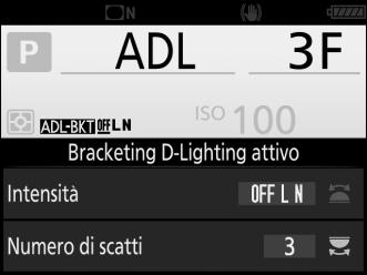 Bracket. D-Lighting attivo La fotocamera varia il D-Lighting attivo su una serie di esposizioni. 1 Scegliere il numero di scatti.