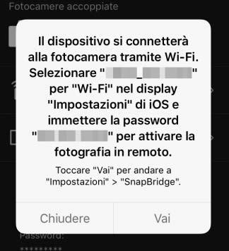 La richiesta Wi-Fi (ios) SnapBridge normalmente si connette alla fotocamera