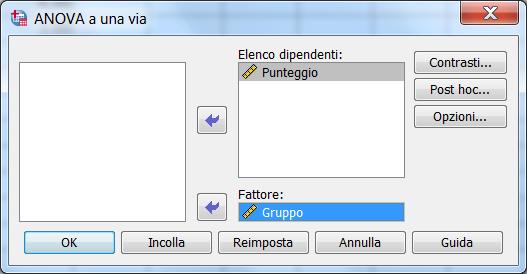 In SPSS: univariata 1 fattore Analizza Confronta medie ANOVA univariata.