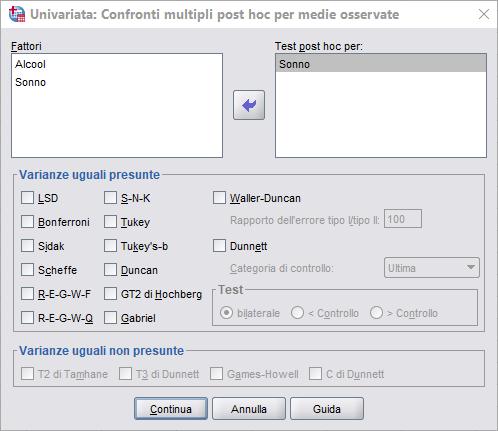 Univariata: Post hoc Con + VI, bisogna prima indicare la variabile da usare Non ha