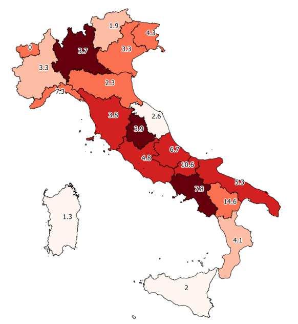 Mappe 10-11: Indici regionali di ricorso civile per Cassazione (per 100.000 ab.