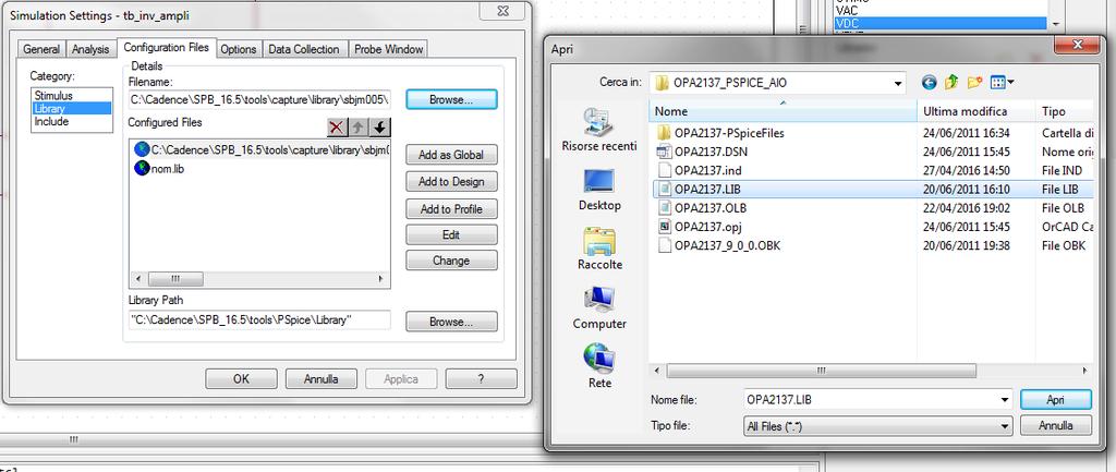 Figura 4 d) Per poter procedere alla simulazione è necessario caricare la libreria relativa al componente OPA2137 anche nell ambiente di simulazione.