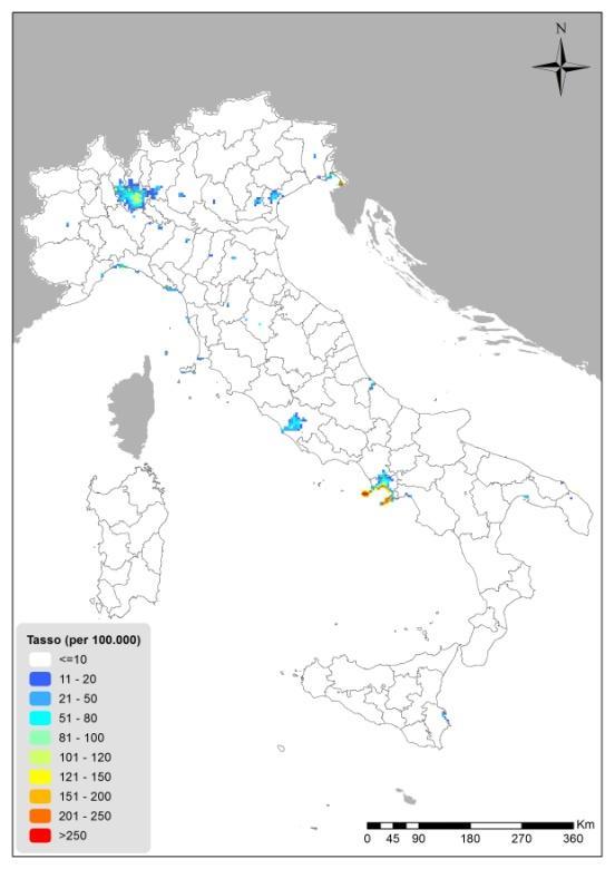 Decessi per cause non accidentali attribuibili a NO2 per 100.