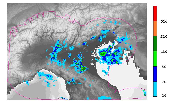Il 25 maggio le precipitazioni sul Nord-Italia risultano complessivamente meno intense.
