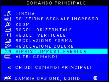 The OSD Controls RESET TO FACTORY SETTINGS (Ripristino Impostazioni di Fabbrica) RESET TO FACTORY SETTINGS (Ripristino Impostazioni di Fabbrica) ripristina le impostazioni di fabbrica in tutte le