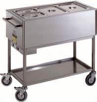 BAIN-MARIE HEATED TROLLEY FOR DISTRIBUTION OF MEALS (GN NOT INCLUDED) Welded frame made in stainless steel 18/10 AISI 304. Double-wall basin. Electric water-bath heating, 2000 Watt - 230 V.