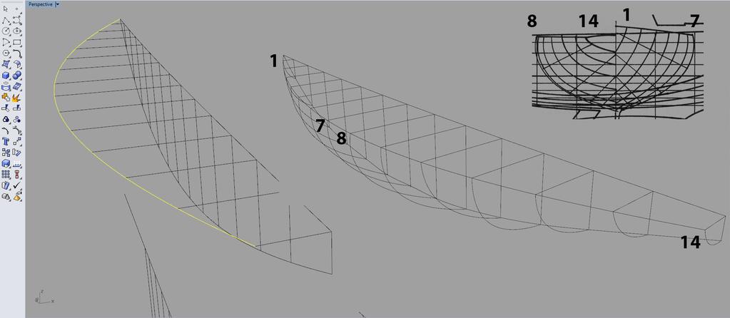 5 A questo punto possiamo disegnare la nostra superficie con lo strumento Sweeps 2 Rails oppure con Surface from network of curves: in entrambi i casi dobbiamo selezionare sia le curve longitudinali