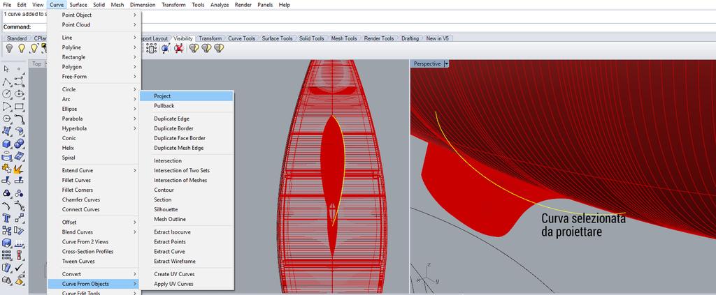 menù a tendina Curve > Curve From Object > Project) selezioniamo la superficie dove la