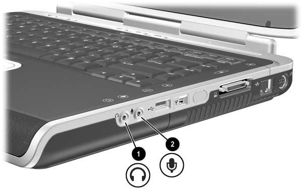 Audio e video Collegamento di un dispositivo audio Identificazione dei jack audio Il notebook dispone di 2 jack audio: Il jack di uscita audio 1, a volte contrassegnato come line-out, consente di