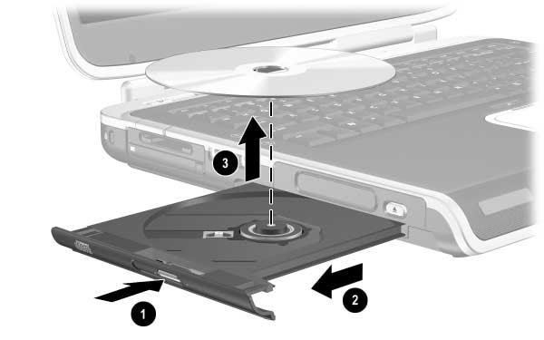 Unità disco Rimozione di un CD o DVD (sistema alimentato) 1. Accendere il notebook. 2. Premere il pulsante di espulsione 1 sul frontalino dell'unità per aprire il vassoio ed estrarlo completamente 2.