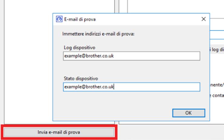2.5 Verifica e implementazione della configurazione di Brother Meter Read Tool Prima di implementare la configurazione per monitorare i dispositivi del cliente, inviare un messaggio e-mail di prova