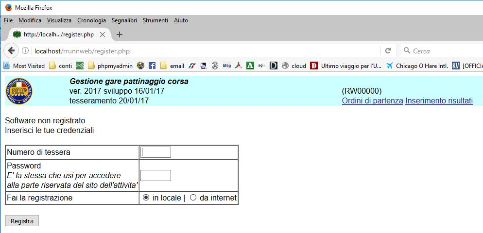 Terminato il caricamento del database, la pagina diventa quella sulla sinistra. RRUNNWEB non può essere utilizzato se non dopo aver effettuato la registrazione.