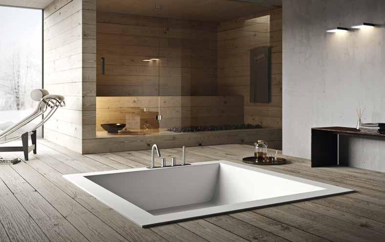 Clear lines and wide spaces assure a total comfort for the recessed bathtub Unico made in Corian. It can be equipped with airpool, whirpool or chrome therapy systems.