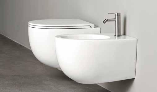Square-shaped suspended sanitary wares, available in glossy or satin white ceramic, combinable with all Rexa Design collections.