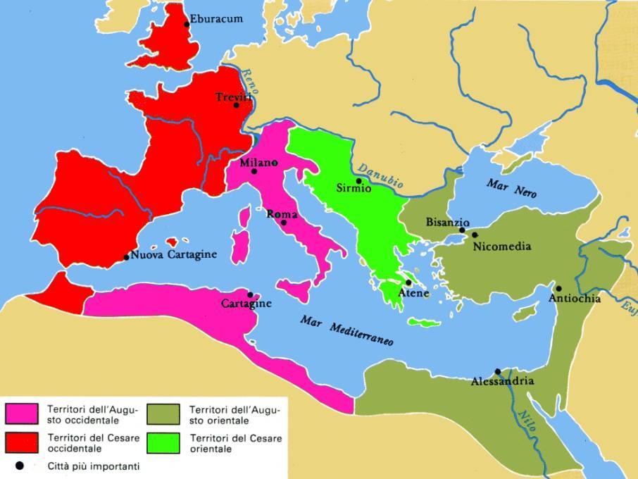 Questo sistema di governo, inventato da Diocleziano, si chiama TETRARCHIA. COSTANTINO (312 337 d.c.) tornò ad essere l unico imperatore di tutto l Impero.