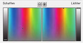 Come fissare i punti luce e ombra Nella metà inferiore del menu «Espansioni», la posizione dei punti luce e ombra viene mostrata e fissata nello spazio cromatico tredimensionale HSL