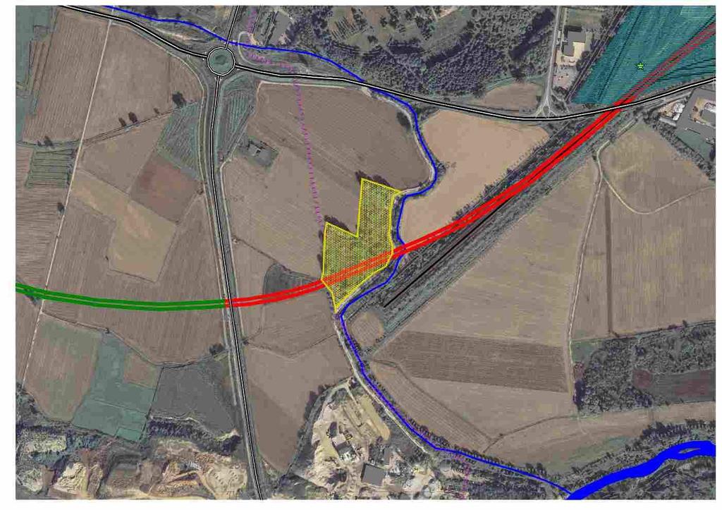 Orbassano: l interferenza tra l impronta dell ecodotto in progetto, nei pressi della SP 174 e dello scalo ferroviario, con una discarica recentemente bonificata (Figura n.