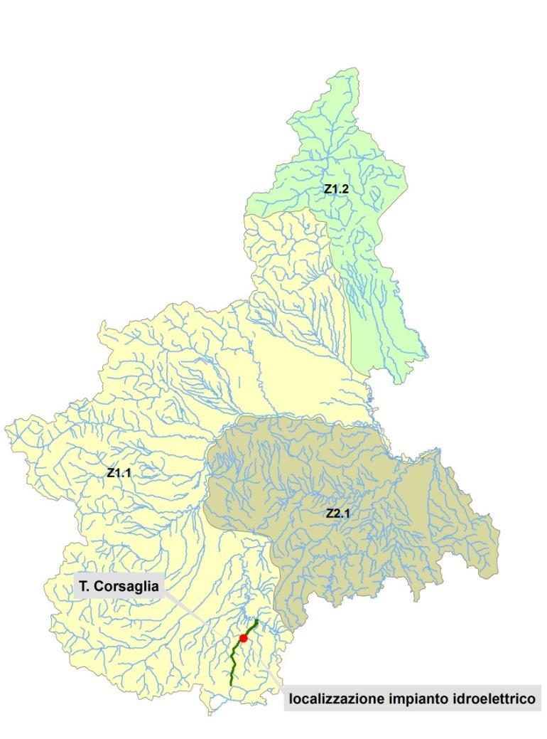 Il torrente Corsaglia ricade nella sub-area Z1.1 (sub-area di pertinenza alpina occidentale sul versante padano).