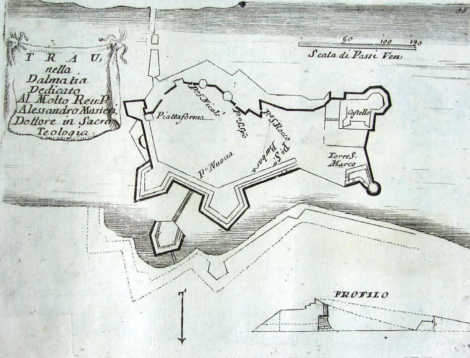 Slika 3. Plan utvrda grada i otoka Trogira (Coronelli, 1688.