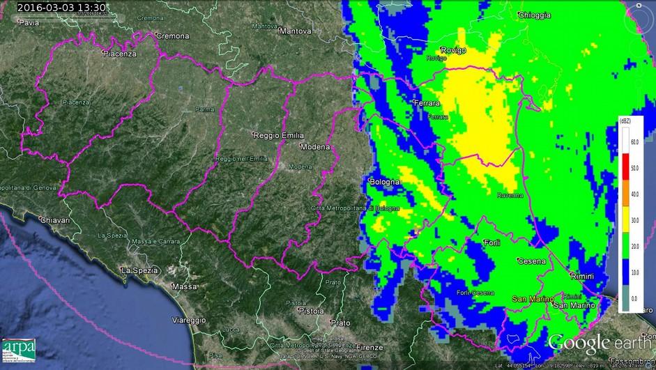 Dalle 07:00 UTC si assiste ad un netto spostamento delle precipitazioni verso sud-est che interessano così le Province più orientali.