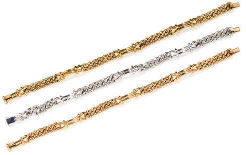 000 492 492 TRE BRACCIALI A FORMARE UNA COLLANA, POMELLATO in oro bianco, giallo e rosa, a catena groumette piatta impreziosita da diamanti taglio huit-huit e motivi intercalari