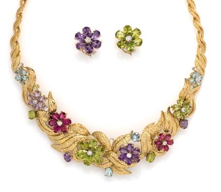 Firmato Knight Peso complessivo g 109,80 DEMI-PARURE, YELLOW GOLD, DIAMONDS AND COLOR GEMS NECKLACE AND EARRINGS, KNIGHT 1.200-1.