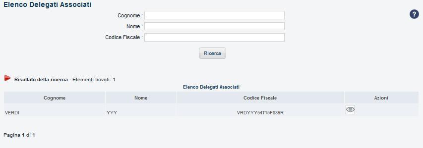 Figura 66: Ricerca Elenco Delegati Associati Per visualizzare i propri delegati basterà attivare il bottone Ricerca, all attivazione del quale verrà visualizzata la pagina seguente: Figura 67: Elenco
