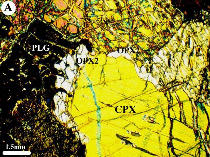 Corona di opx attorno a porfiroclasto essoluto di cpx: reazione fra un fuso