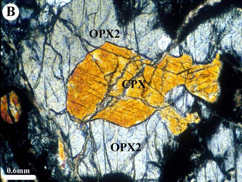 Corona di opx attorno a porfiroclasto di cpx: reazione fra un fuso saturo