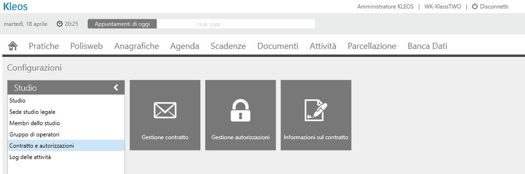 Questa opzione contiene tre diversi pulsanti: Gestione contratti. La funzione Gestione contratti contiene le informazioni di Kleos per lo Studio.
