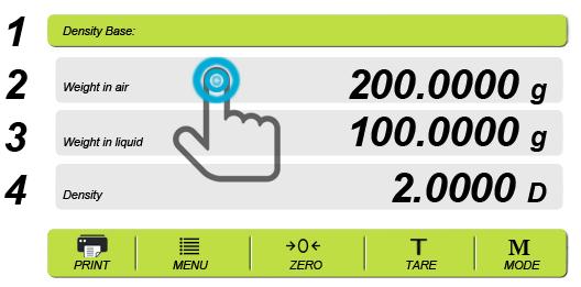 7. 6 FUNZIONE DI DENSITA Seguendo la procedura sopra, pesare prima pesare il campione in aria e poi nel liquido e il risultato verrà visualizzato nel display. 8.