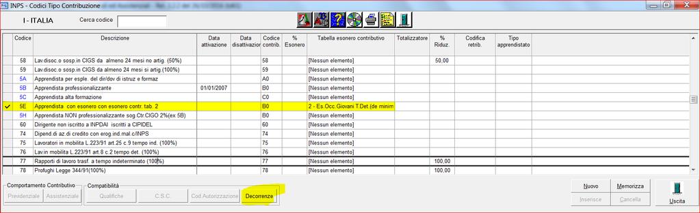 In presenza di apprendisti con esonero, sarà necessario da parte dell'utente creare un codice tipo contribuzione con le stesse caratteristiche di quelli inseriti automaticamente dalla release, ma con