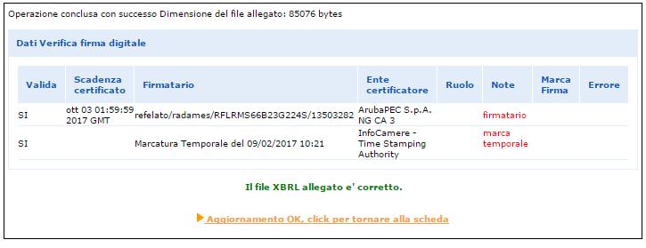 Verificare con TEBENI la segnalazione di dettaglio dell errore dell istanza XBRL (il nome file non deve contenere spazi, né altri caratteri speciali ).