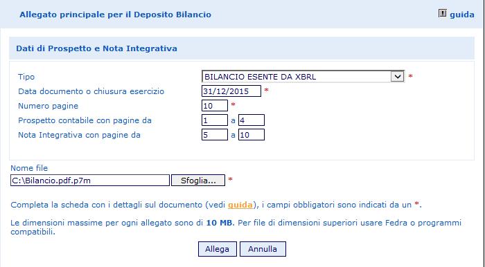 Passare quindi al punto Nome file, cliccando su Scegli file e selezionando il file-bilancio precedentemente salvato in formato PDF/A e firmato digitalmente (avente dunque estensione.pdf.