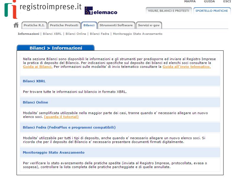 A questo punto occorre cliccare su Bilanci e verrà visualizzata maschera relativa alla nuova versione del servizio rinnovata per la deposito bilanci 2017.