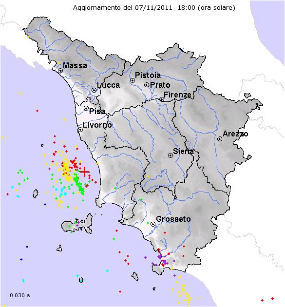 Figura 5 Mappa delle fulminazioni (ritaglio) registrate sull'isola d'elba (totale 120 fulminazioni) tra le ore 5:30 UTC e le 10:00 UTC del giorno 7/11/2011 (rilevati dal Sistema Italiano Rilevamento