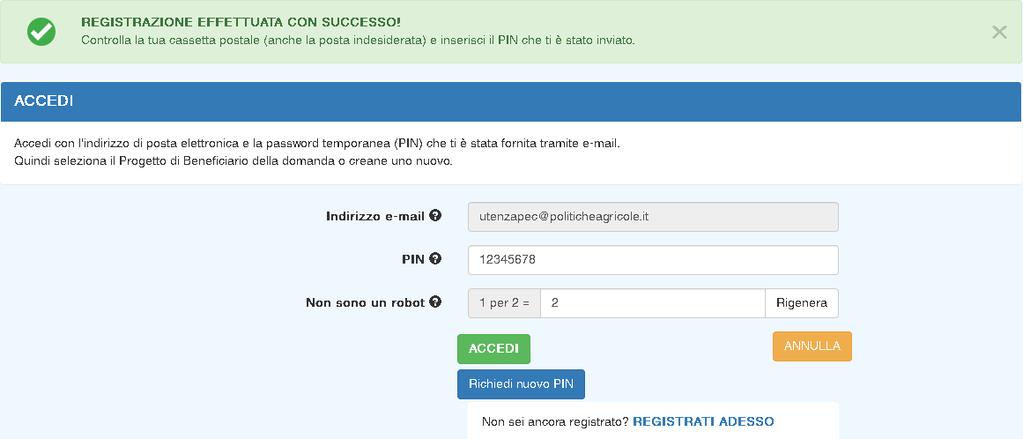 Il pulsante giallo ANNULLA riporta indietro alla pagina iniziale descritta in precedenza, interrompendo la procedura di registrazione.