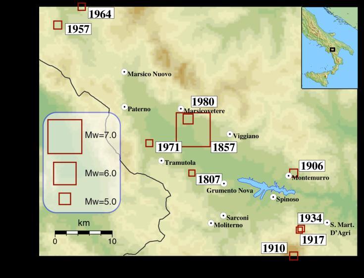 Sismicità storica Zoom nell Alta Val d Agri: sismicità storica Mw 4.5 1807 M=4.5 1857 M=7.